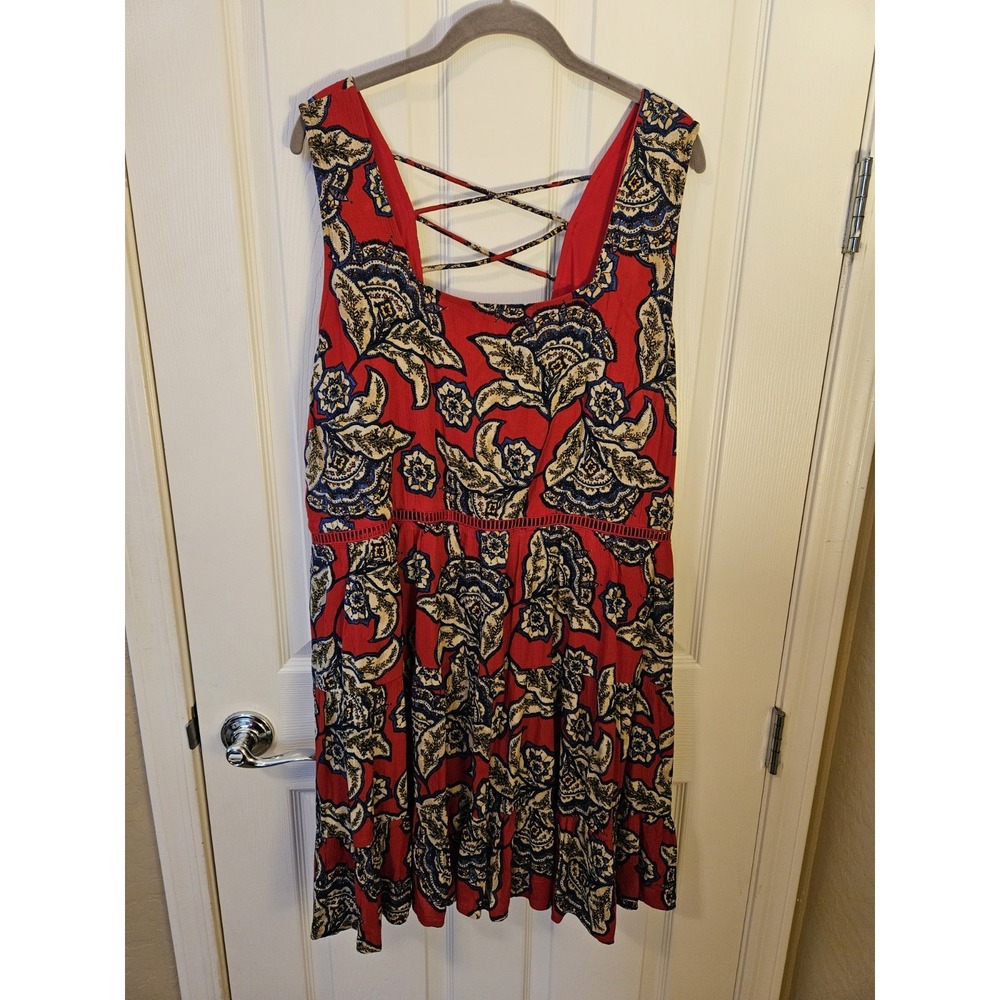 Maurices Red Floral Skater Lined Crisscross Back Gauzy Sleeveless Dress, Plus 2X